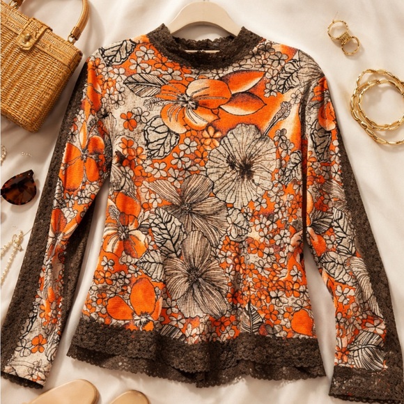 Tops - Floral Long Sleeve Top - Orange and Black